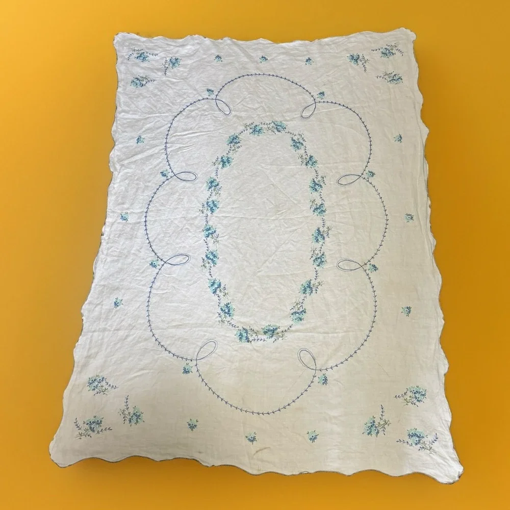 Blue Flower Hand Embroidered Rectangle Table Cloth 48